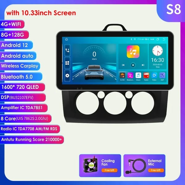 Auton multimedia-soitin, Android 11, sisäänrakennettu GPS,10.33inch S8 Musta