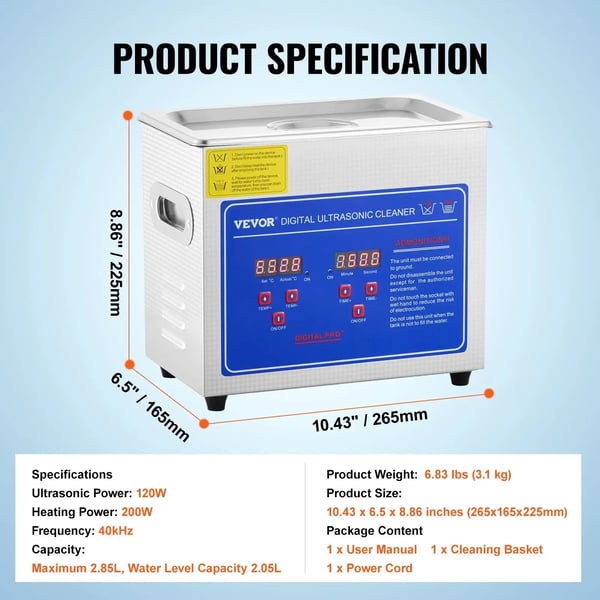 Ultraljudsrenare, Kraftfull 600W Ultraljudseffekt, Stor 27,2L Kapacitet,3L