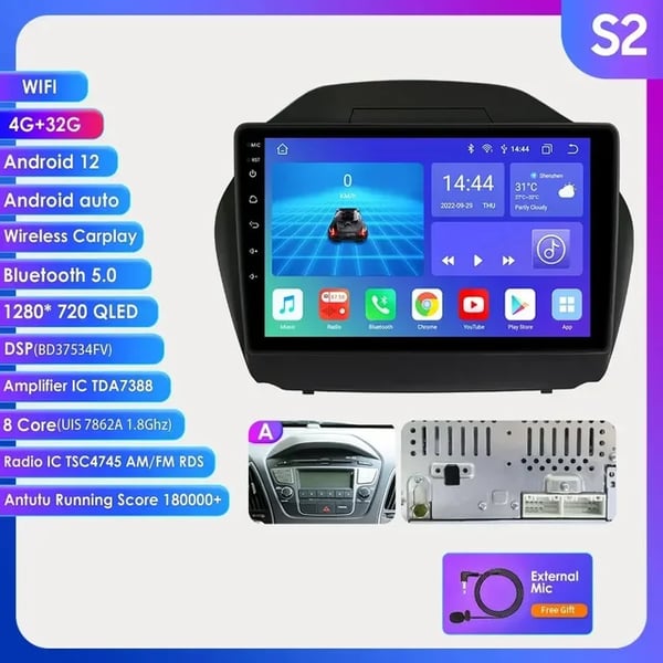 Multimedia Bilradio, Inbyggd GPS, Stöder Carplay och Android Auto,S2 A