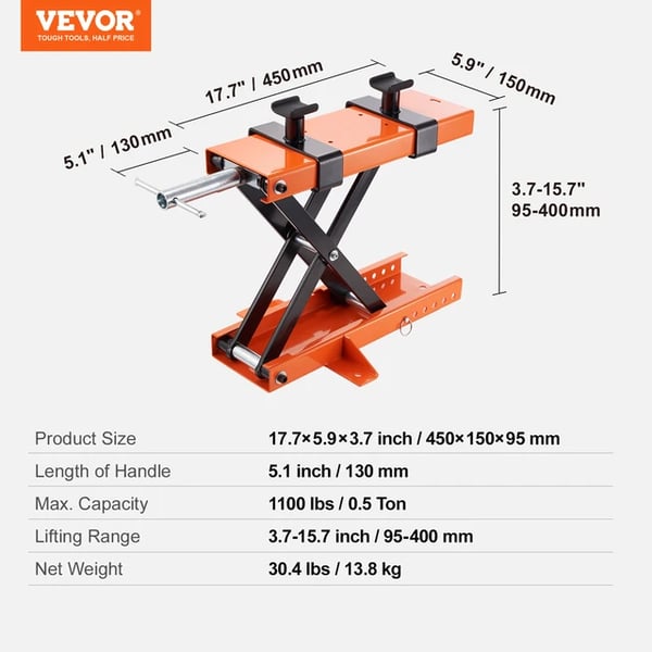 Moottoripyörän nostin, 1100 lbs kapasiteetti, säädettävä korkeus,1100IBS Tuki