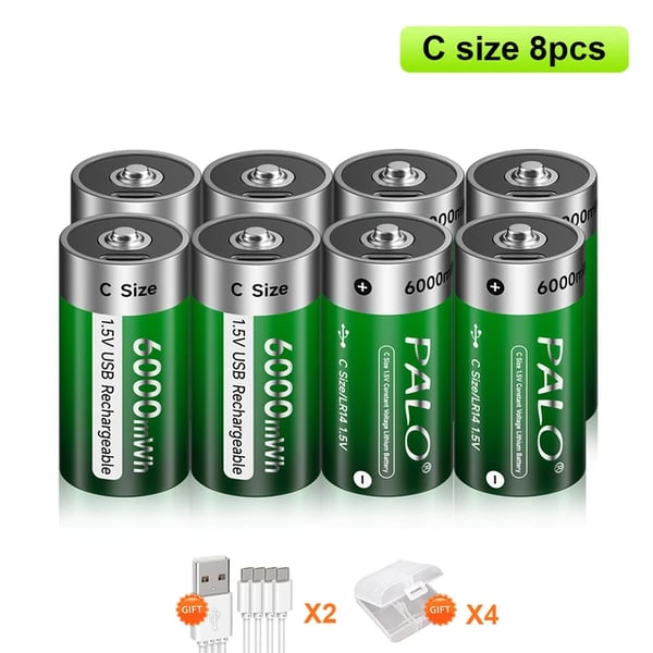 Ladattava C-kokoinen akku, Type C USB-portti, 6000mWh kapasiteetti, 8kpl akku