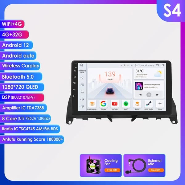 Auton multimedia-soitin, Android 12, 9 tuuman kosketusnäyttö,8ytimen-4G 32G -S4