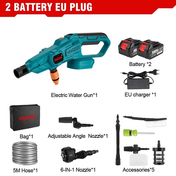 Elektrisk högtryckstvätt, borstlös motor, justerbar spraydys,2 Batteri EU Kontakt