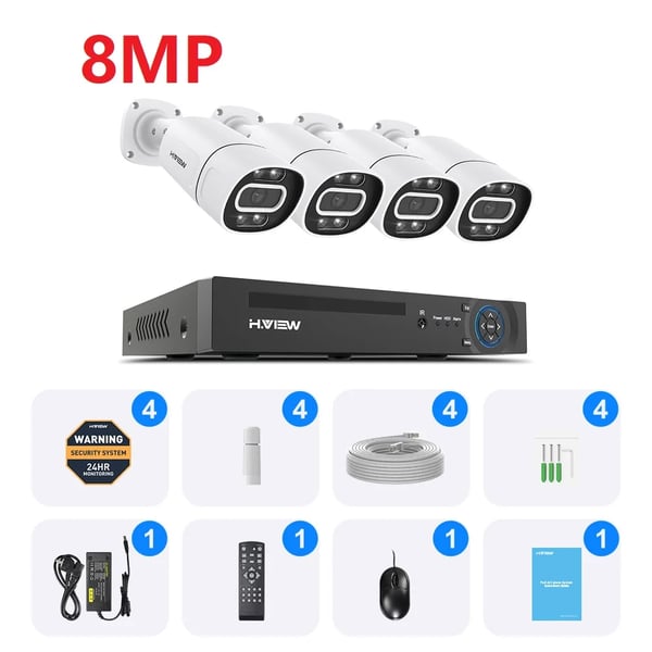 CCTV Sikkerhedskamera System, 8MP Opløsning, PoE Teknologi,2T, 8MP 4PCS Kamera