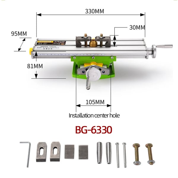 Mini præcisionsfræsemaskine arbejdsbord, dimensioner 330MM x 95MM, justerbare klemmer,BG6330