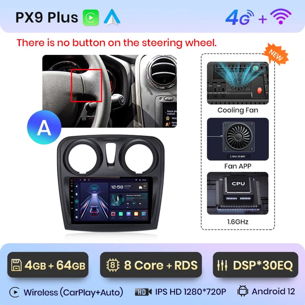 Bilradio, forbedrede funktioner, kompatibel med Renault Logan 2 2012-2019 / Sandero 2 2014-2019,4G 4GB-64GB