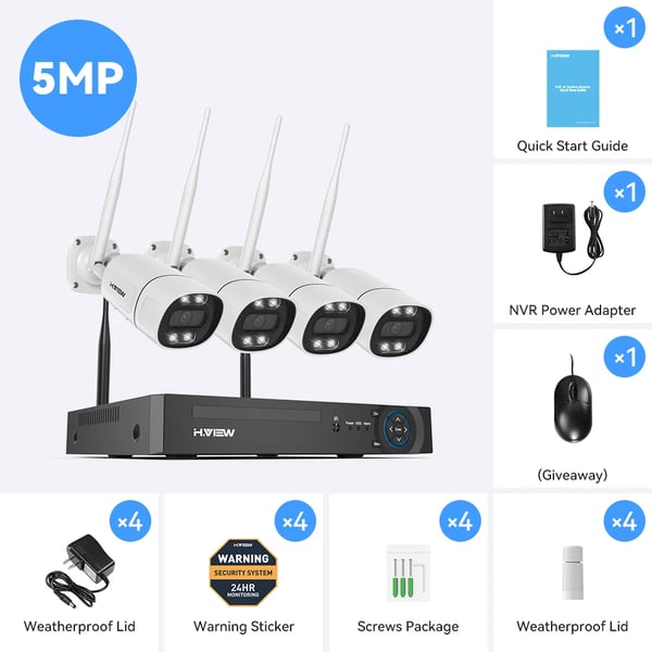 Sikkerhedskamerasystem, 5MP opløsning, nattevision, tovejskommunikation,Ingen, 5MP 4PCS Kamera