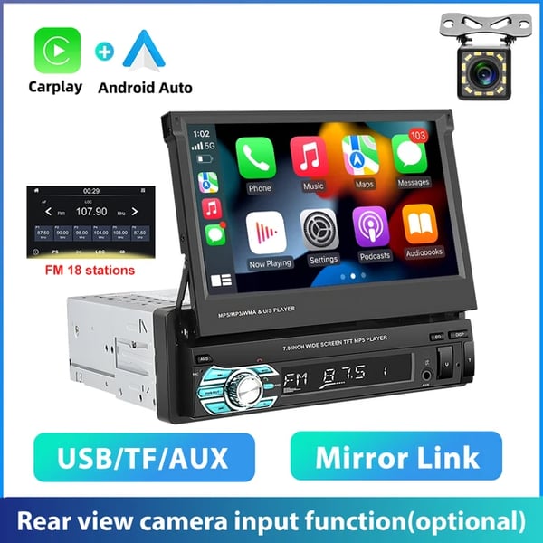 Bilradio, 7-tums pekskärm, Bluetooth och USB-kompatibilitet, Med Carplay CAM