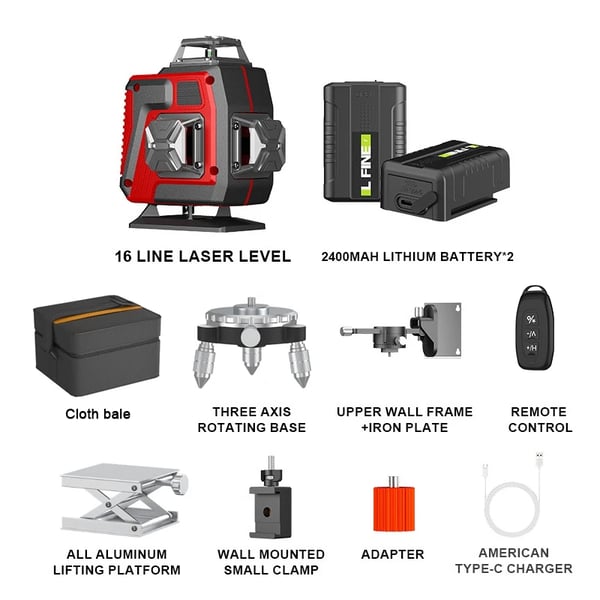 Lasernivå, 4D grön linje, självnivellerande, fjärrkontroll, Röd 2XBatteri (handväska)
