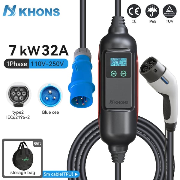 Khons EV Kannettava Laturi, 7KW Teho, Säädettävä 6A-32A Virta,7KW 32A 1Fase, Tyyppi2