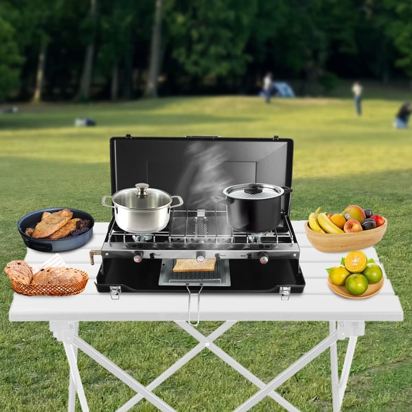 Bärbar Campingkök, 3-brännars Matlagning System, Lätt och Hållbar,svart