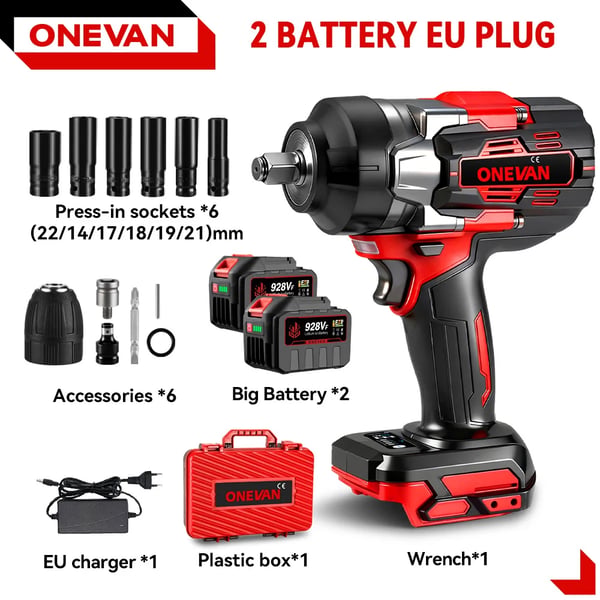 Elektrisk Slagnyckel, 2800 N.m Vridmoment, Borstlös Motor, 2 Stora Batterier 12-delars Set