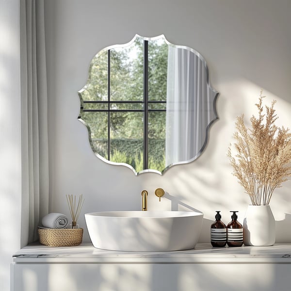 Vågig ramlös badrumsspegel, oregelbunden form, modern stil, 80x80 cm