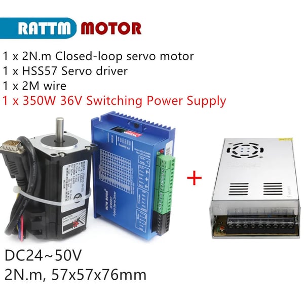 Nema23 Sluten Loop Servomotor, 2N.m Hållmoment, HSS57 Servodrivare,Med strömförsörjning