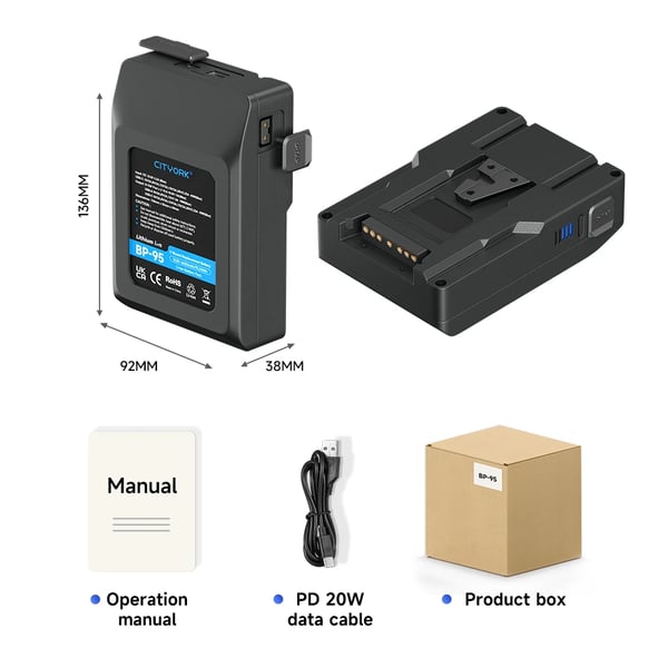 V Mount Batteri, 229Wh Kapacitet, USB-C Snabbladdning, bp-95 6600mAh