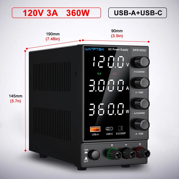 DC Strømforsyning, Justerbar Spænding, USB Opladningsfunktion,DPS1203U 120V 3A