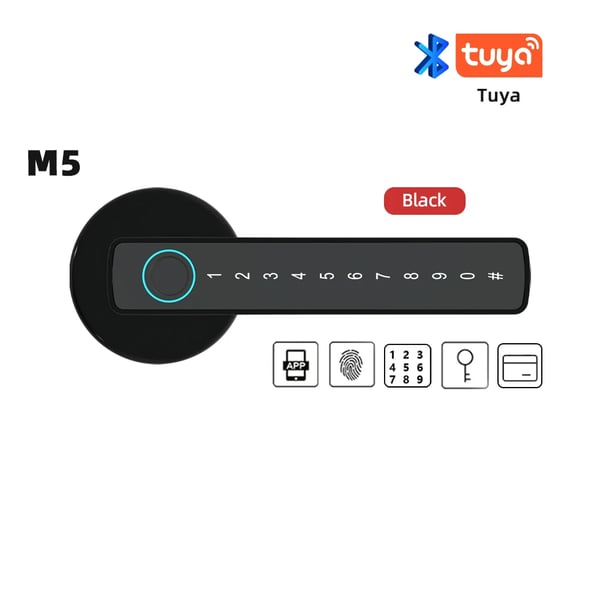 Älykäs sormenjälkilukko, Bluetooth-avain, hätä-USB-virtalähde,M5 Tuya Musta