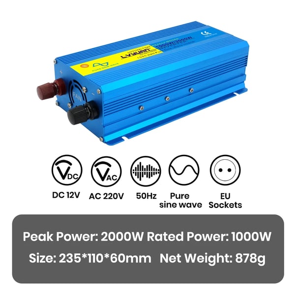Lvyuan Ren Sine Bølge Inverter, 1000W Kontinuerlig Effekt, 2000W Spidsudgang,12V 2000W EU