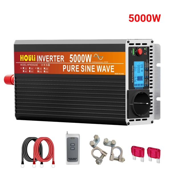 Strømomformer, 12V til 220V konvertering, fjernbetjeningsfunktioner,5000W, 12V, 220-230V