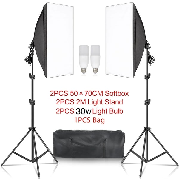 Softbox Belysningskit, Justerbar Stativhøjde, Flere Lyskilder,30W Hvid Farve