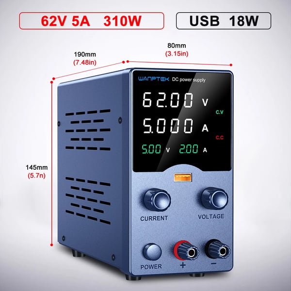 Wanptek DC Strømforsyning, Justerbar Spænding 30V - 62V, Høj Strømudgang 5A - 10A,GA605L 62V 5A