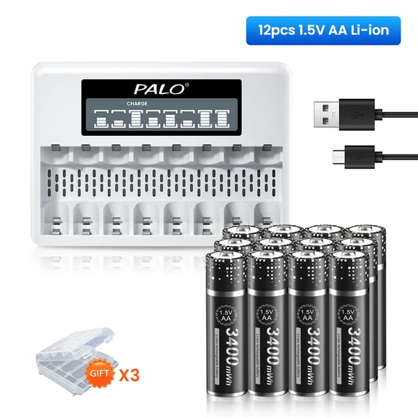 PALO 1.5V AA-litiumparisto, 3400mWh kapasiteetti, pikalataus laturilla, 12AA ja 1 laturi