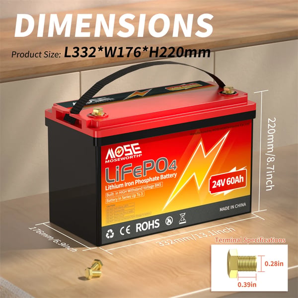 LiFePO4 Lithiumbatteri, 12V 50Ah kapacitet, letvægtsdesign,24V 60Ah