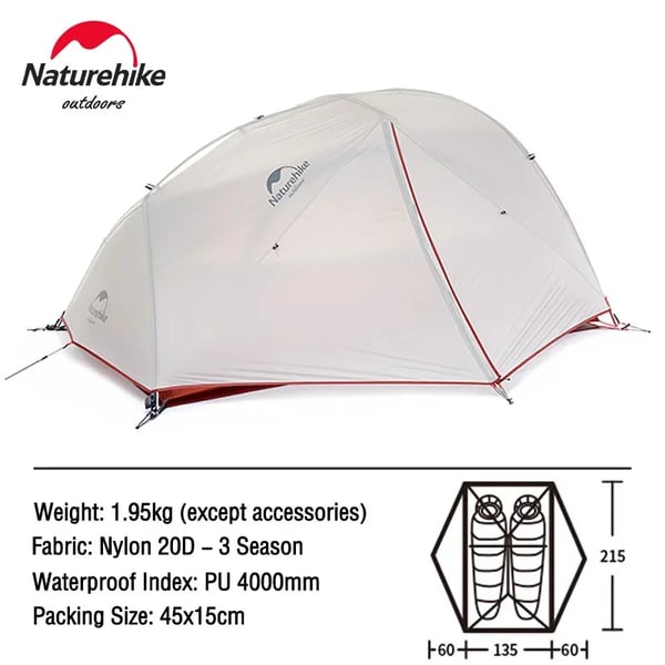 Naturehike 2-personers campingtelt, letvægts 1,95 kg, vandtæt PU 4000 mm,20D - Grå
