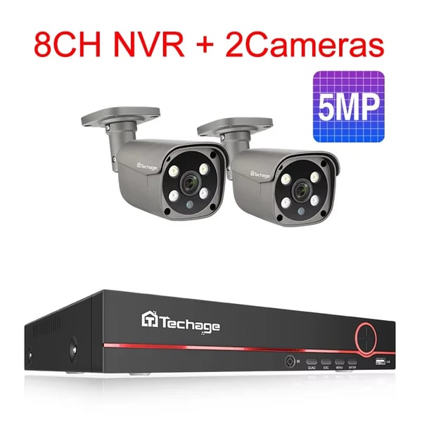 Overvågningssystem, 8-kanals understøttelse, tovejskommunikation,4T Indbygget HDD, 8CH 2Pcs 5MP Kamera
