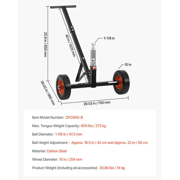Tongue Trailer Dolly, 600 lbs kapasiteetti, 10 tuuman renkaat,600 paunaa