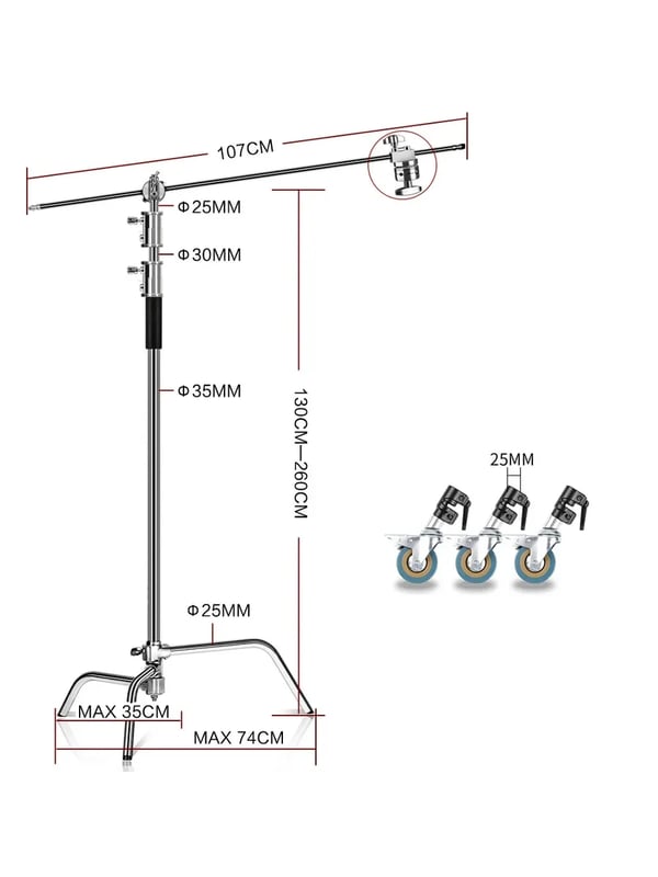 Fotografi C-Stand, Max Höjd 260 cm, 40" Grip Arm,2.6M med hjul