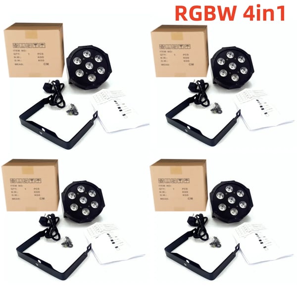 LED-lavavalot, 4 kpl SlimPar, RGBWA UV, DMX-ohjaus,7LED-RGBW-4kpl, EU-plugi
