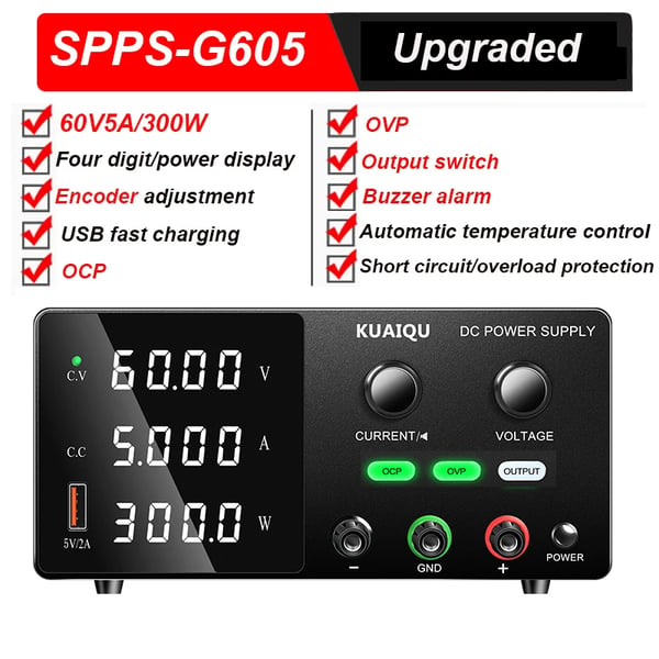Laboratorie Strømforsyning, Justerbar Spænding 30V, USB Hurtig Opladning,SPPS-G605 60V5A