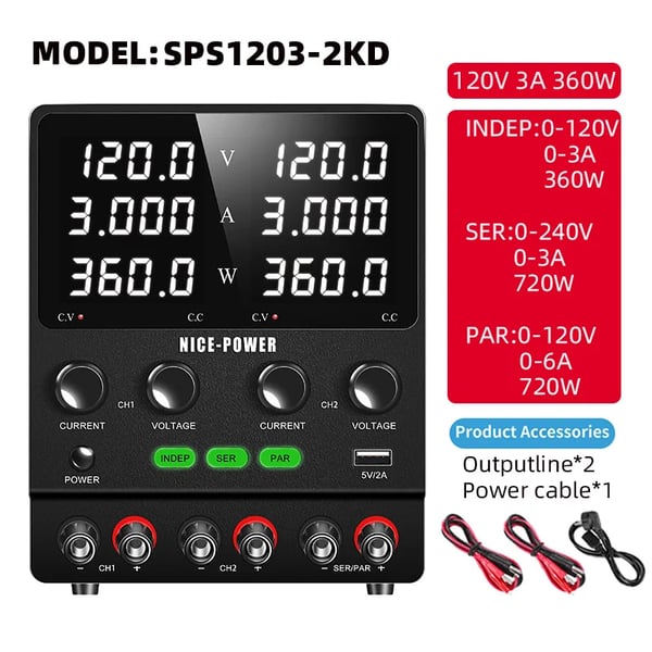 Kaksikanavainen DC-virtalähde, lähtötilat: Itsenäinen, Sarja, Rinnakkain,AC 220V, SPS1203-2KD 120V3A