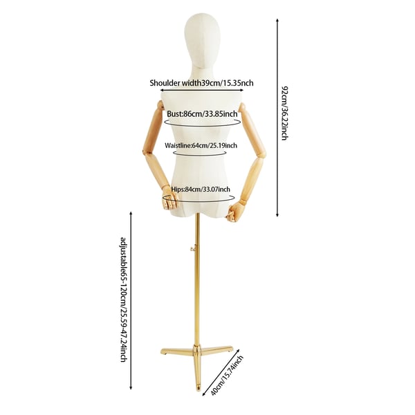 Mannequin, Justerbar Højde, Holdbare Materialer,Gylden