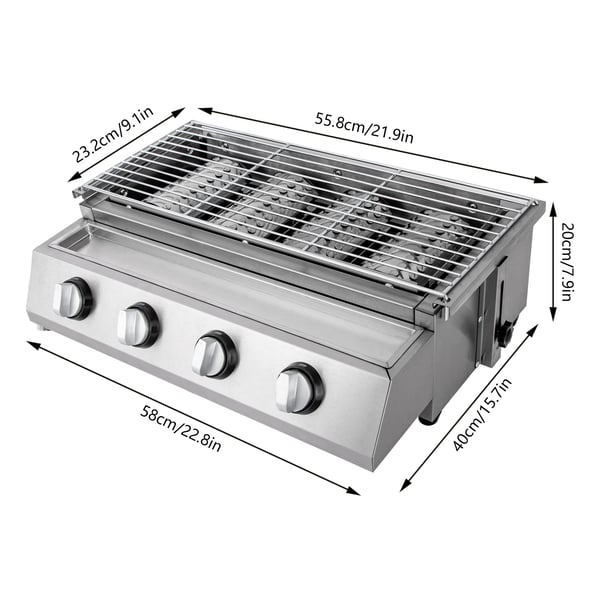 Gasgrill, 4 brännare, justerbar grillhöjd,Silver