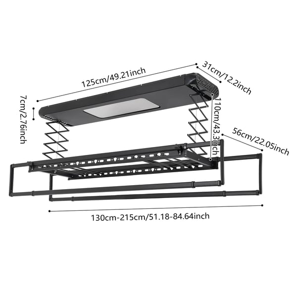 Elektrisk teleskopisk klädtork, takmontering, justerbar längd 130-215 cm, lastkapacitet 35 kg,8, svart