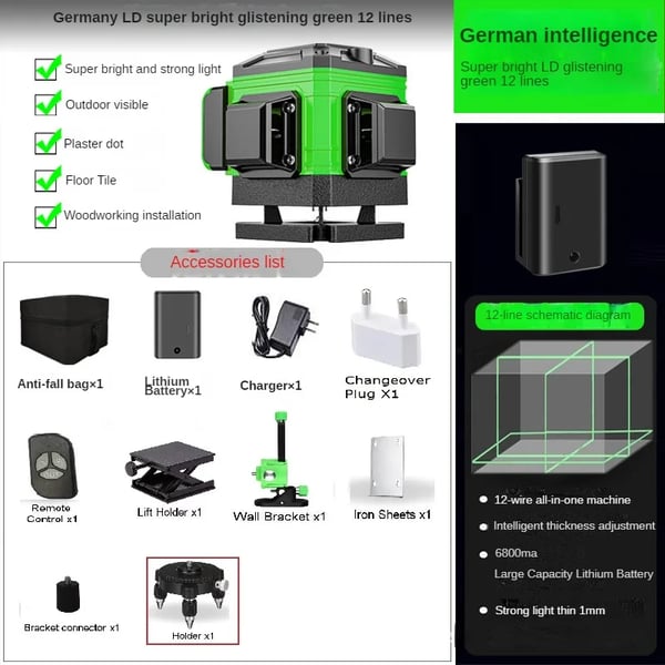 4D Lasernivå, Vertikal & Horisontell Noggrannhet, 6 Timmar Arbetstid, IP54 Dammtålig, Grön 12 Linjer