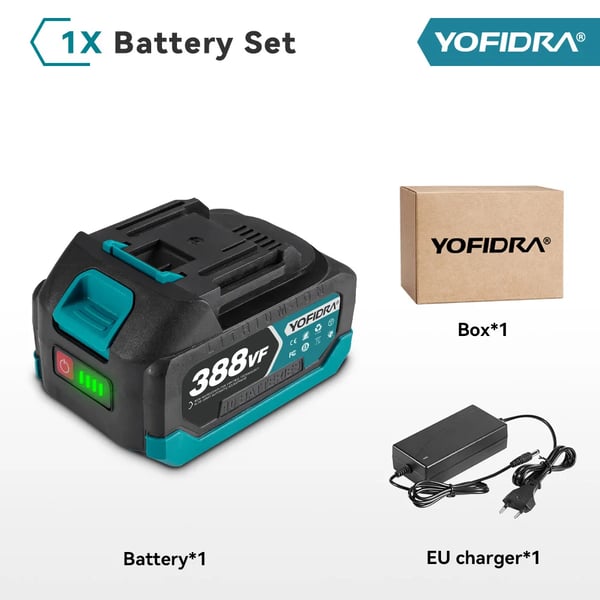 Ladattava litiumakku, 15000 mAh kapasiteetti, nimellisjännite, 18V, 1x388VF-1 laturi
