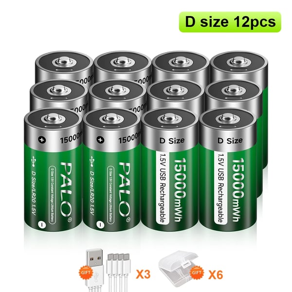 D-storlek litiumbatteri, 15000mWh kapacitet, uppladdningsbart, USB Typ C,12 PCS Batteri