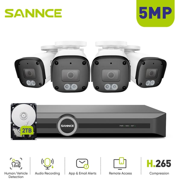 Sikkerhedssystem, 5MP opløsning, menneske- og køretøjsdetektion, natvision op til 30 meter,4PCS 2TB