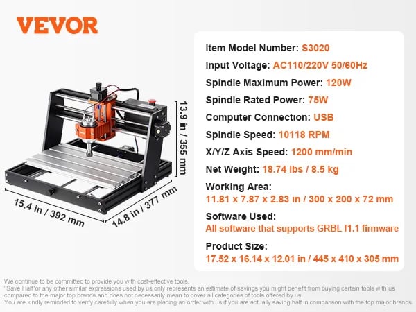 CNC-jyrsinkone, 120W spindeliteho, 11.81 x 7.87 tuuman työalue, USB-yhteys,30 x 20 cm 120 W