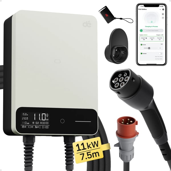 Elbilsladdare, 11kW Maxeffekt, Appkontroll, TYP2, 11kW 7.5m Vit