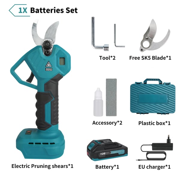 Elektrisk sekatör, borstlös motor, 2 växlar,EU, 1 batteri
