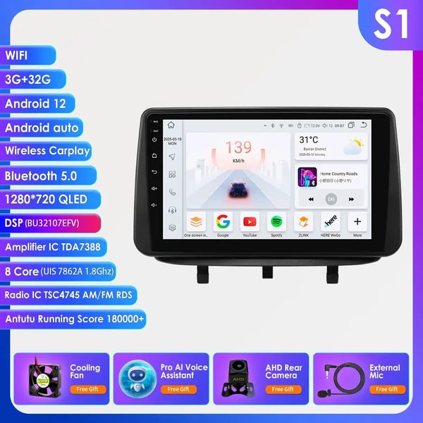 Android Bilspiller, 9-tommer Touchskærm, Indbygget GPS,S1 bagkamera AIPRO