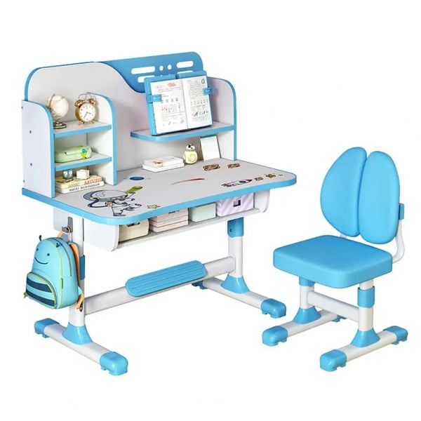 Lasten kirjoituspöytä ja tuolisetti, ergonominen muotoilu, korkeussäädettävä, sininen