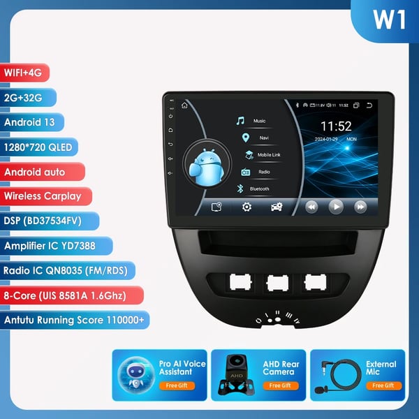 Multimedia Bilstereo, Pekskärm, Kompatibel med Peugeot, Citroën och Toyota 2005-2014 modeller,W1 bakre kamera AIPRO