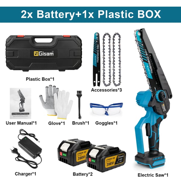Elektrisk Motorsåg, Borstlös Motor, 8 Tum Guideplatta,2 Batteri