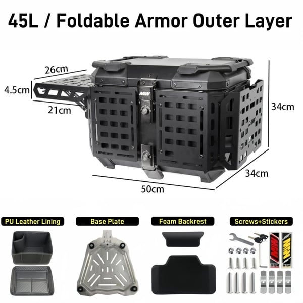 Motorcykel Topplåda, Aluminiumlegering, Vattentät,svart rustning 45L