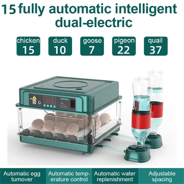 Ägginkubator, Automatisk Vattenpåfyllning, Temperaturkontroll,15 Ägg